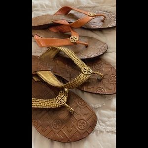 Tory Burch Thora Sandals- Lot of 2 Gold Snakeskin & Coral Lizard skin print.